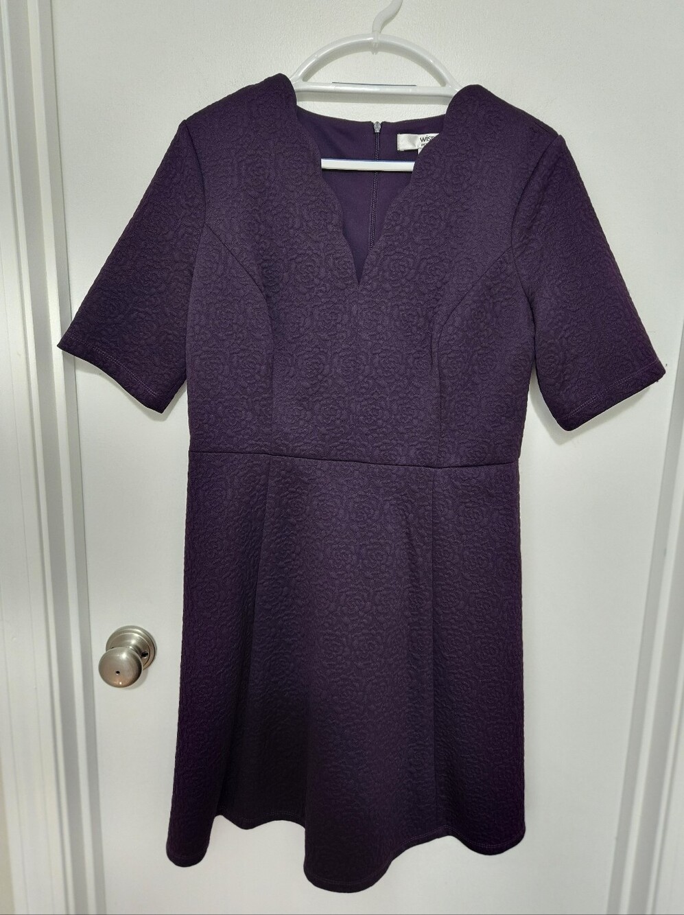 Wisp Purple Scallop V-Neck Short Sleeve Dress 12P Romantic Midi Wedding Fall